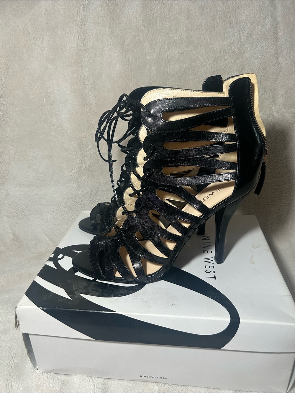 Nine West vintage Black Lace-Up Cage High Heel Sandals